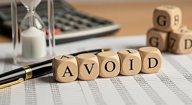 Wooden dice spelling AVOID on a financial document with a pen and hourglass representing risk management and the importance of avoiding financial pitfalls in a timely manner conveying a sense of urgen photo