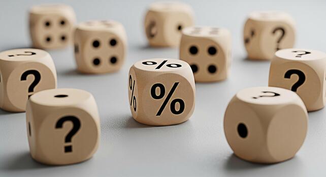Wooden dice displaying percentage signs and question marks on a neutral surface representing financial uncertainty and risk assessment in business and investment decisions creating a sense of chance a photo