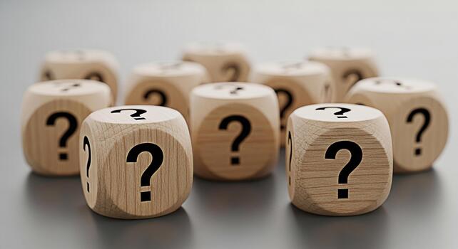 Wooden question mark cubes scattered on a gray surface representing uncertainty and the need for answers in business education and personal life creating a mood of curiosity and inquiry photo
