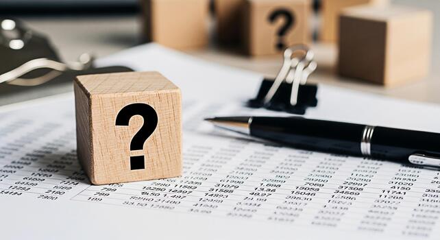 Wooden block with a question mark resting on financial data sheets in a bright office setting symbolizing uncertainty and the need for strategic decisionmaking in business and finance photo