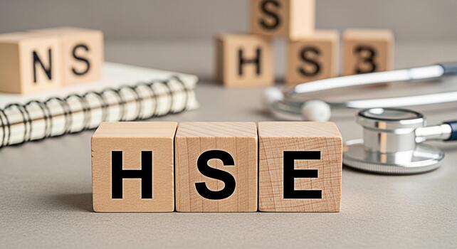 Wooden blocks spelling HSE arranged on a desk with a stethoscope and notebook emphasizing health safety and environment regulations in a professional and organized setting promoting workplace wellbein photo