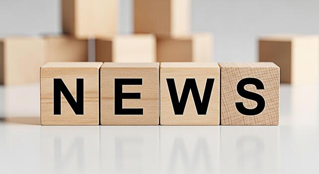 Wooden blocks spelling NEWS on a white surface conveying information and current events in a simple clean studio setting symbolizing media journalism and the importance of staying informed photo