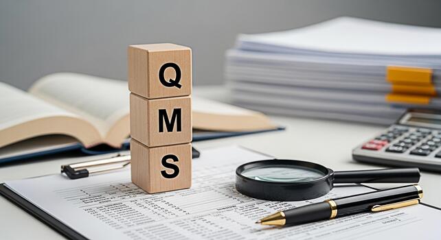 Wooden blocks displaying QMS on a bright office desk with documents and a magnifying glass symbolizing quality management system implementation and a commitment to excellence in business processes photo