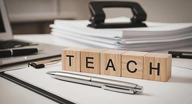 Wooden blocks spelling TEACH on a desk with a pen and paperwork symbolizing education and learning in a professional office environment conveying a message of knowledge and academic success photo