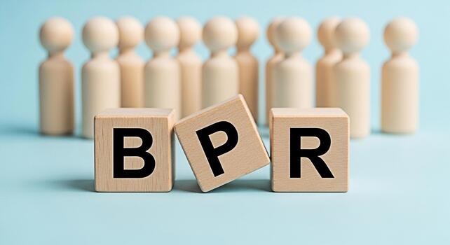 Wooden figures representing a team standing behind wooden blocks spelling BPR on a blue surface symbolizing business process reengineering and organizational change for improved efficiency and success photo