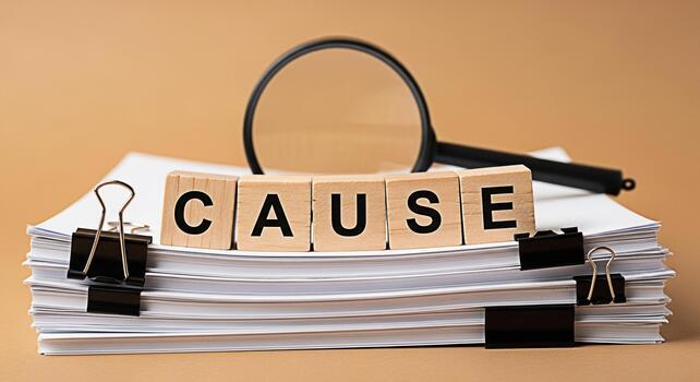 Wooden blocks spelling CAUSE on a stack of papers with a magnifying glass in a neutral setting representing the concept of investigation research and finding the root cause of problems photo