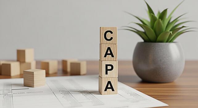 Wooden blocks spelling CAPA on a wooden desk with a plant representing corrective and preventive action in a business setting emphasizing quality control and continuous improvement photo