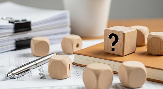Wooden question mark block resting on a notebook surrounded by dice on a desk with financial documents symbolizing uncertainty in business and the need for strategic planning in a complex environment photo