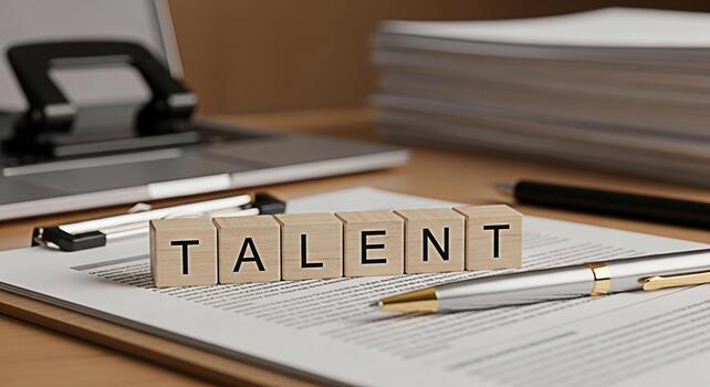 Wooden blocks spelling TALENT resting on a document in a bright office environment symbolizing skills abilities and potential for success in business and career development photo