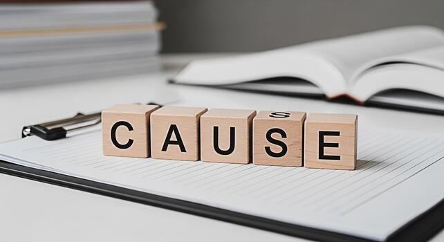 Wooden blocks spelling CAUSE on a clipboard in a bright office environment symbolizing reason origin and the importance of understanding the root of issues for effective problemsolving and decisionmak photo