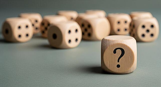 de madera dado con un pregunta marca soportes fuera entre otro dado en un verde superficie simbolizando incertidumbre riesgo y Toma de decisiones en un negocio o vida contexto creando un sentido de curiosidad foto