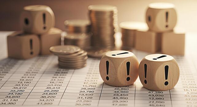 Wooden dice marked with exclamation points resting on financial reports and stacks of coins depicting risk assessment and financial uncertainty in a business environment creating a sense of urgency photo