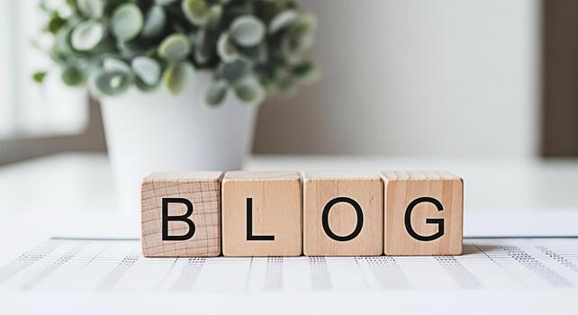 Wooden blocks spelling BLOG sitting on a financial report in a bright office setting symbolizing online content creation and business communication with a clean minimalist aesthetic photo