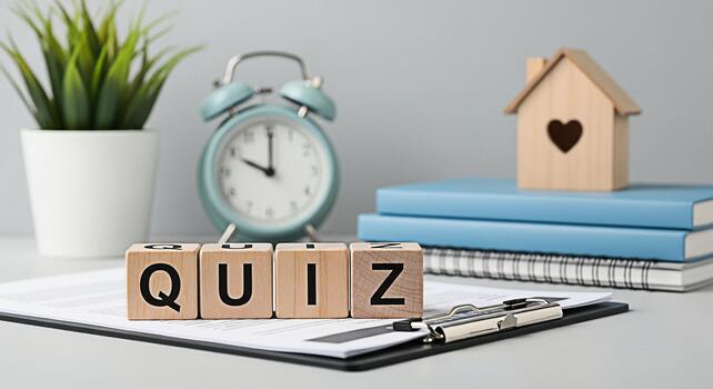 Wooden blocks spelling QUIZ on a clipboard in a bright modern office setting symbolizing knowledge assessment and the challenge of testing ones understanding with a playful and engaging mood photo