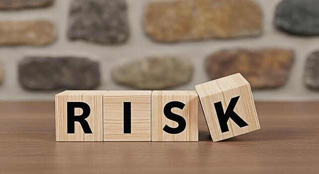 Wooden blocks spelling RISK on a wooden surface with one block slightly tilted symbolizing uncertainty and potential danger in a business environment emphasizing the concept of risk management photo