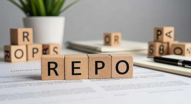 Wooden blocks spelling REPO on a financial document in a bright office setting representing repurchase agreements and financial transactions conveying a sense of business and investment photo