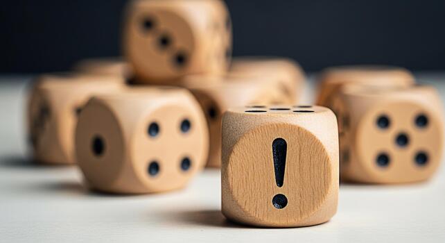 de madera dado mostrando un exclamación marca en un blanco superficie representando riesgo y incertidumbre en un juego de oportunidad creando un sentido de anticipación y potencial peligro en un juego ambiente foto