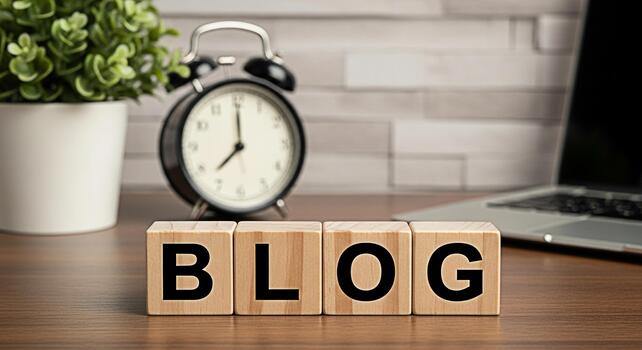 Wooden blocks spelling BLOG on a wooden desk in a bright office representing the concept of blogging content creation and online communication with a laptop and clock in the background photo