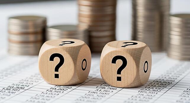 Two wooden dice displaying question marks resting on a financial spreadsheet with stacks of coins in the background depicting uncertainty in financial planning and investment decisions photo