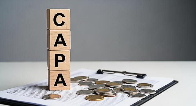 Wooden blocks spelling CAPA resting on a financial report with scattered coins in a neutral setting representing corrective action and preventive action for business improvement and financial stabilit photo
