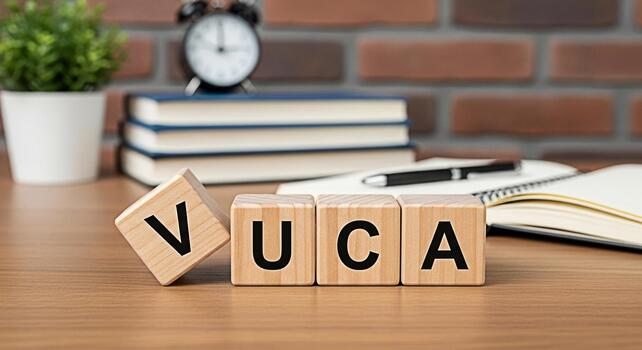 Wooden blocks spelling VUCA on a desk with books and an alarm clock against a brick wall symbolizing volatility uncertainty complexity and ambiguity in business and strategic planning for future succe photo