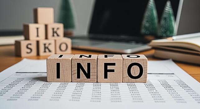 Wooden blocks spelling INFO sitting atop a financial report in a modern office setting symbolizing information knowledge and data analysis for business intelligence and strategic decisionmaking photo