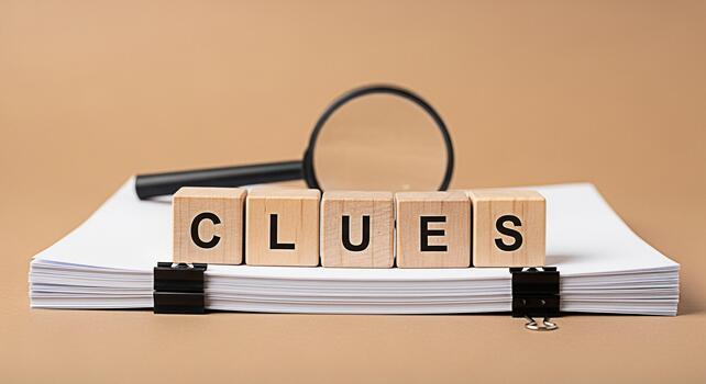 Wooden blocks spelling CLUES on a stack of white paper with a magnifying glass in the background symbolizing investigation and problemsolving in a neutraltoned minimalist setting creating a sense of m photo