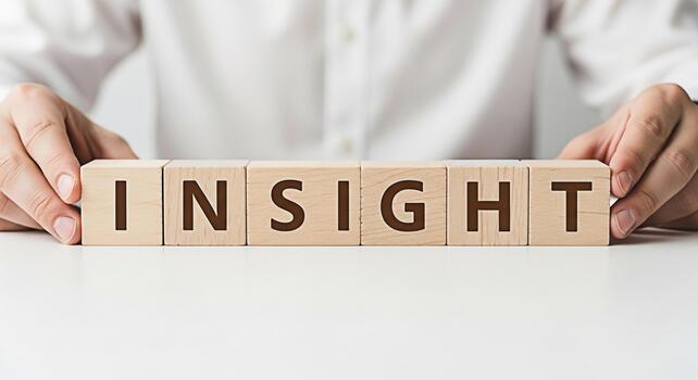 Person arranging wooden blocks spelling INSIGHT on a white surface symbolizing clarity and understanding fostering a sense of strategic thinking and problemsolving in a bright minimalist setting photo