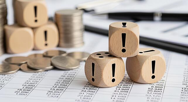 Wooden dice with exclamation marks stacked on financial reports and coins symbolizing risk assessment and critical decisionmaking in a business environment creating a sense of urgency and importance photo