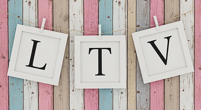 Three white frames displaying LTV letters hanging on a rustic wooden wall representing customer lifetime value and business growth creating a visually appealing and informative presentation photo