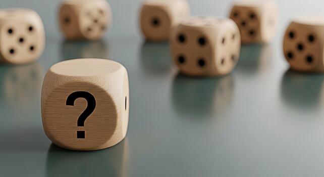 Wooden dice with a question mark facing forward on a reflective surface symbolizing uncertainty and the need for decisionmaking in a complex and unpredictable environment creating a sense of intrigue photo