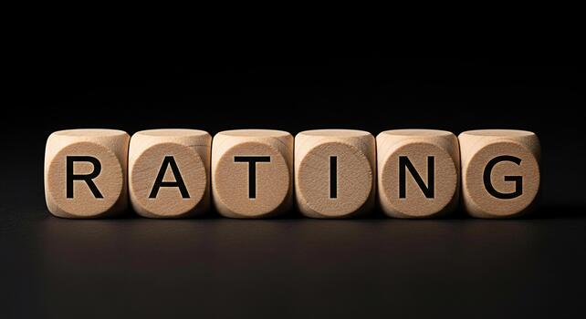 Wooden dice spelling RATING on a black surface representing evaluation and feedback creating a sense of assessment and quality control in a minimalist setting for business and consumer confidence photo