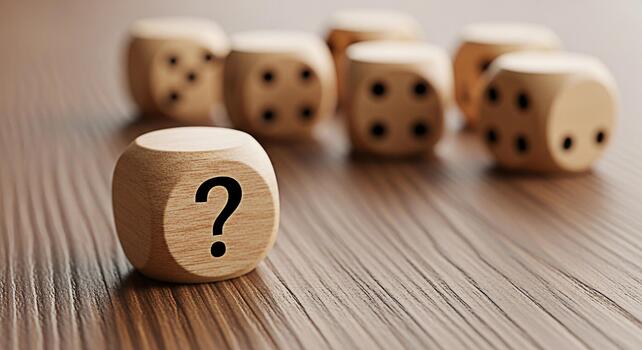 Wooden dice with a question mark facing forward on a wooden surface representing uncertainty and the need for decisionmaking in a complex and challenging business environment photo