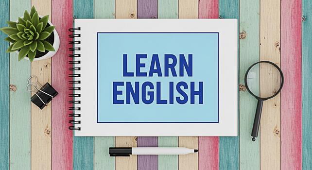 Overhead shot of a notebook displaying Learn English on a colorful wooden desk with a succulent pen paperclip and magnifying glass creating a bright and educational learning environment photo
