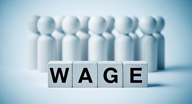 Wooden figures standing behind blocks spelling WAGE in a minimalist studio setting representing fair compensation employee value and the importance of salary negotiation for worker satisfaction photo