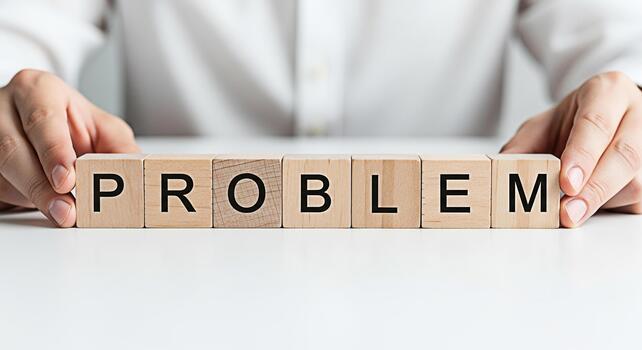 Person arranging wooden blocks spelling PROBLEM on a white surface symbolizing challenges and the need for solutions in a clean minimalist setting conveying a sense of focus and determination photo