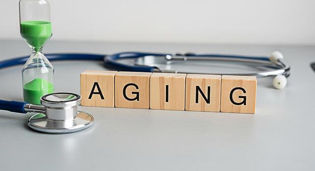 Medical concept showing wooden blocks spelling AGING with a stethoscope and hourglass on a grey table representing time and health concerns related to the aging process in a clinical setting photo