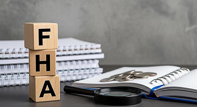 Wooden blocks displaying FHA next to an open notebook coins and a magnifying glass on a gray desk representing financial planning and analysis for homeownership and mortgage options photo