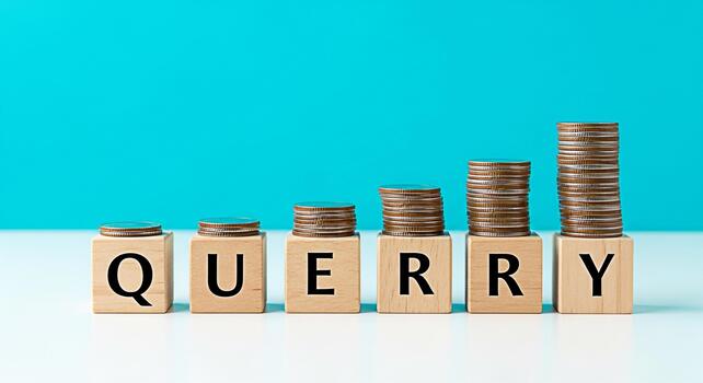 Stacks of coins growing on wooden blocks spelling QUERY against a vibrant turquoise background symbolizing financial growth investment queries and the importance of asking the right questions for succ photo