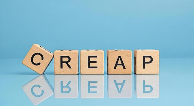 Wooden blocks spelling CREAP on a reflective surface against a blue background suggesting a creative approach and innovative solutions in a modern and minimalist setting conveying a sense of ingenuity photo