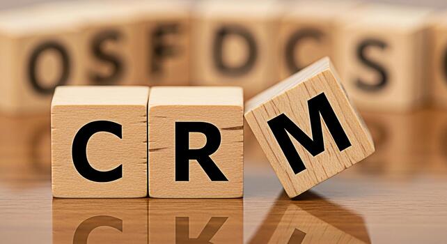 Wooden blocks displaying CRM on a reflective surface representing customer relationship management in a modern business environment conveying a message of organization and efficiency photo