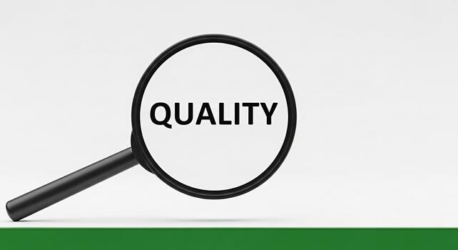 Magnifying glass focusing on the word Quality in a bright clean studio setting symbolizing attention to detail and high standards emphasizing precision and excellence in product or service assurance photo