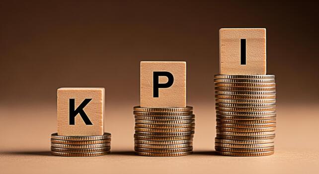 Wooden blocks displaying KPI placed atop stacks of coins on a brown surface symbolizing key performance indicators and financial growth in a business setting conveying a message of success and achieve photo