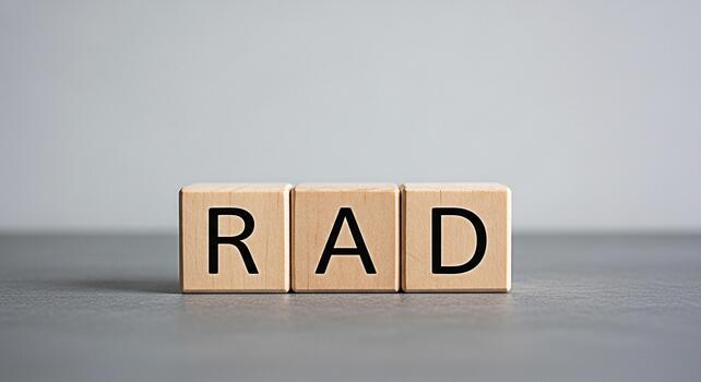 Wooden blocks spelling RAD on a gray surface conveying a positive and enthusiastic message perfect for designs needing a cool and modern vibe in a minimalist setting ideal for youthoriented content photo