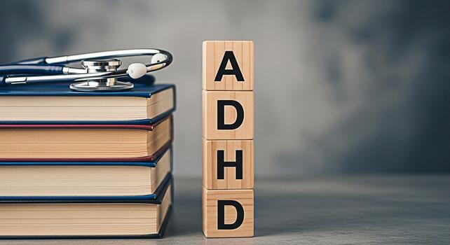 Medical professional studying ADHD with stethoscope and textbooks in a clinical setting emphasizing the importance of understanding and managing Attention Deficit Hyperactivity Disorder for improved p photo