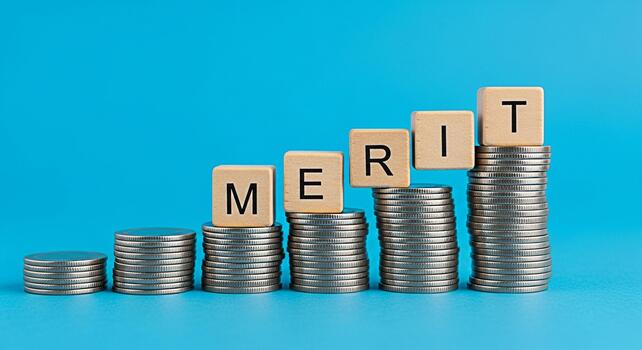 Stacks of coins displaying the word MERIT on wooden blocks against a blue background symbolizing achievement and success in a financial context with a focus on growth and reward photo