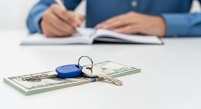 A man writing a note on a notebook with a pen and a key on a stack of money photo