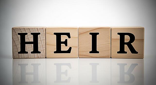 Wooden blocks spelling HEIR on a reflective surface symbolizing inheritance and legacy in a bright minimalist setting conveying a sense of future planning and financial security photo