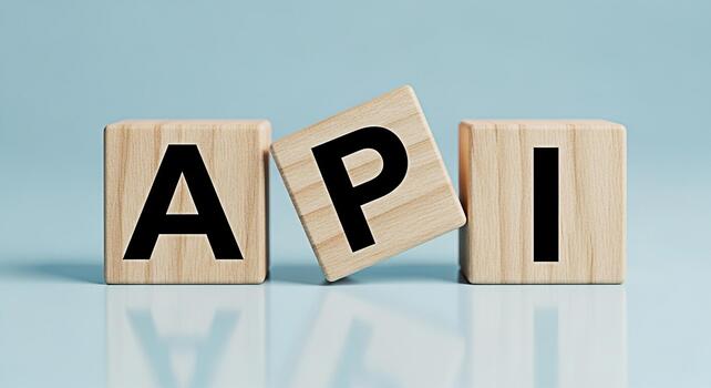 Wooden blocks displaying API on a light blue surface representing application programming interface software development and data exchange in a modern minimalist setting conveying a clean and professi photo