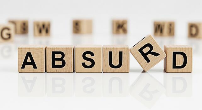 de madera bloques ortografía absurdo en un blanco reflexivo superficie con uno bloquear inclinado transporte un sentido de caos y ruptura adecuado para conceptos relacionado a disparates falta de lógica y poco convencional th foto